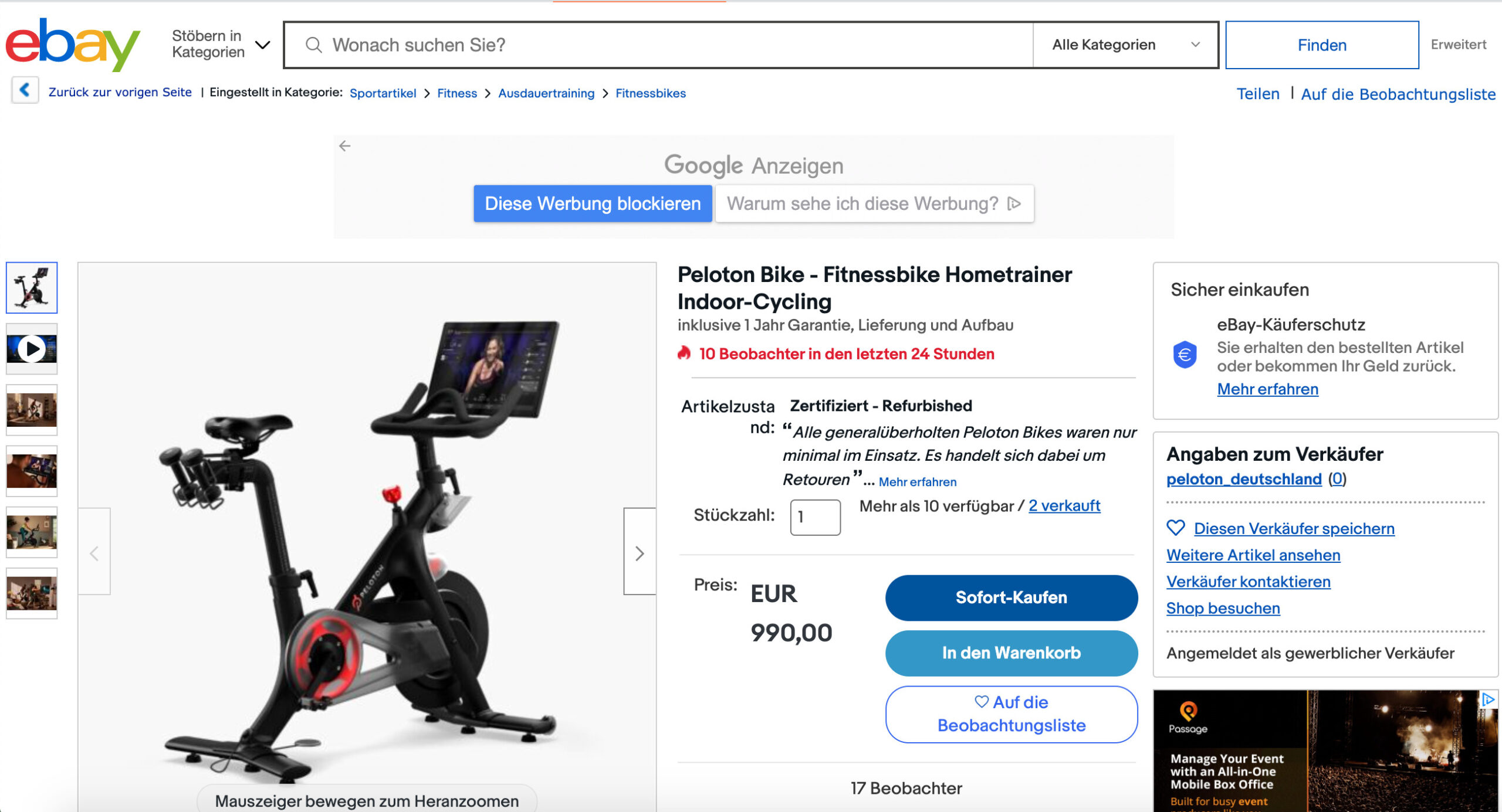 Peloton Germany eBay page with refurbished Bikes available for purchase.