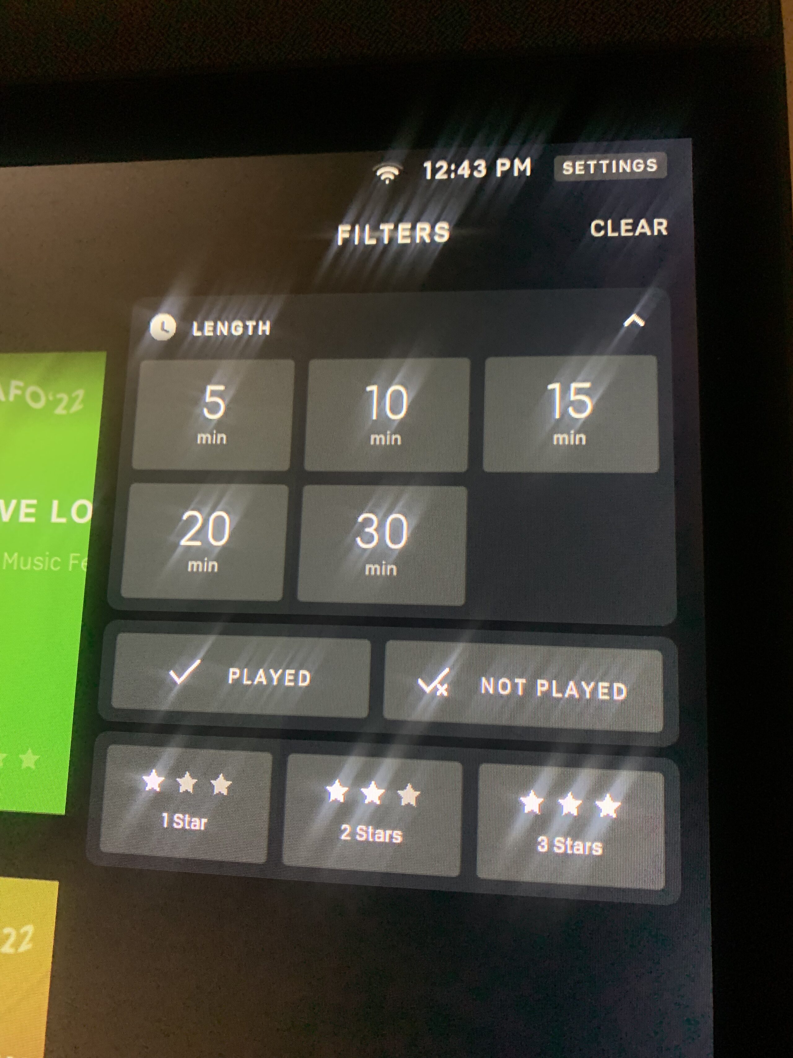 Peloton Lanebreak filter menu.