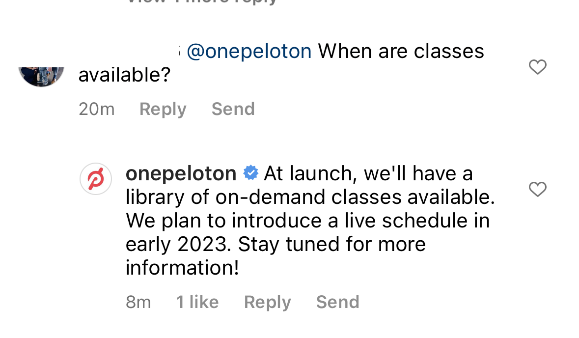 Peloton social media comment reply.
