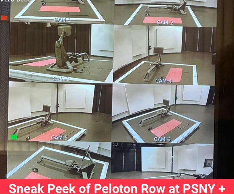 Sneak peek of Peloton strength production studio showing rowing bootcamp set-up.
