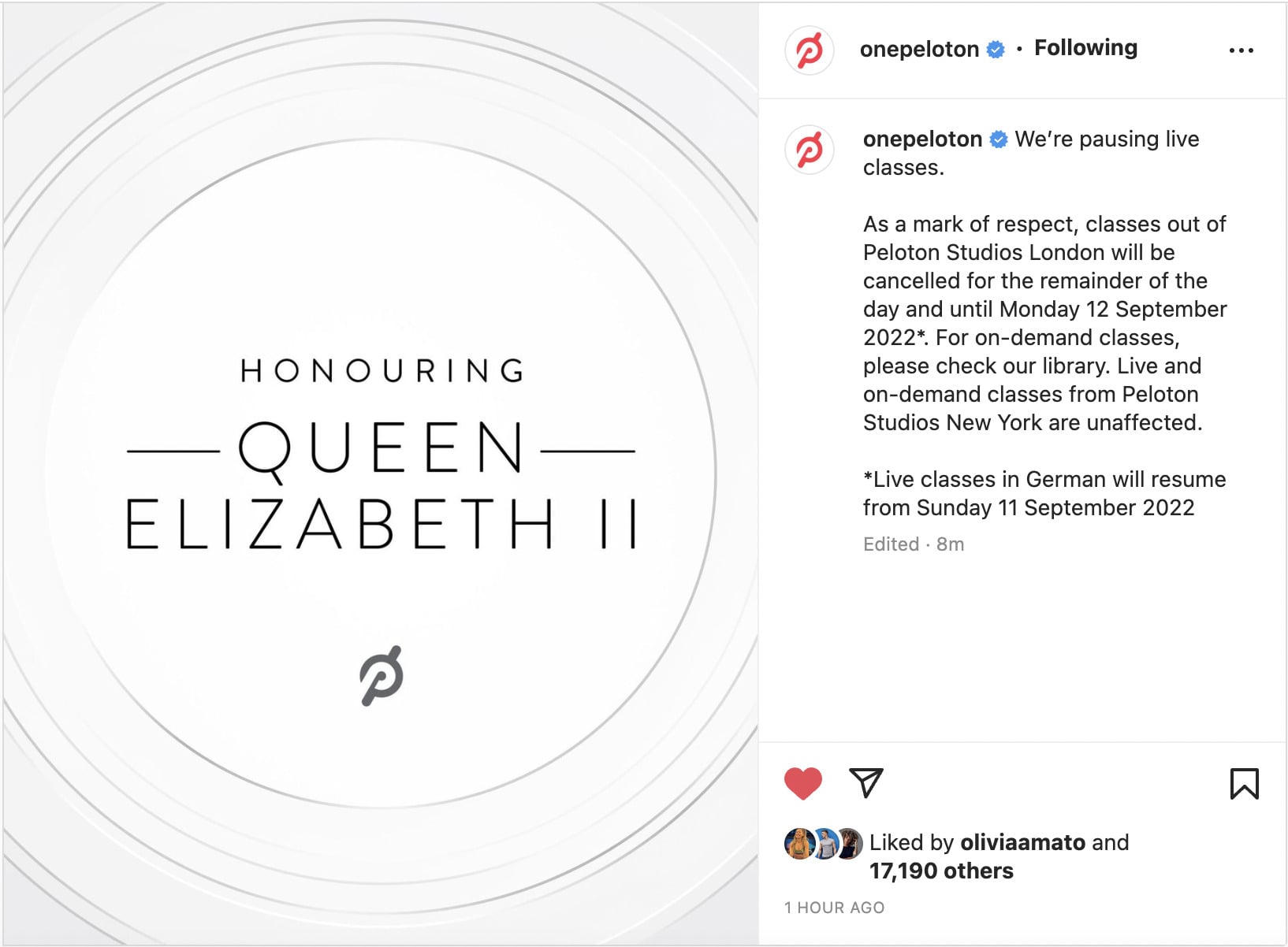 Peloton's Instagram post regarding the passing of Queen Elizabeth II.