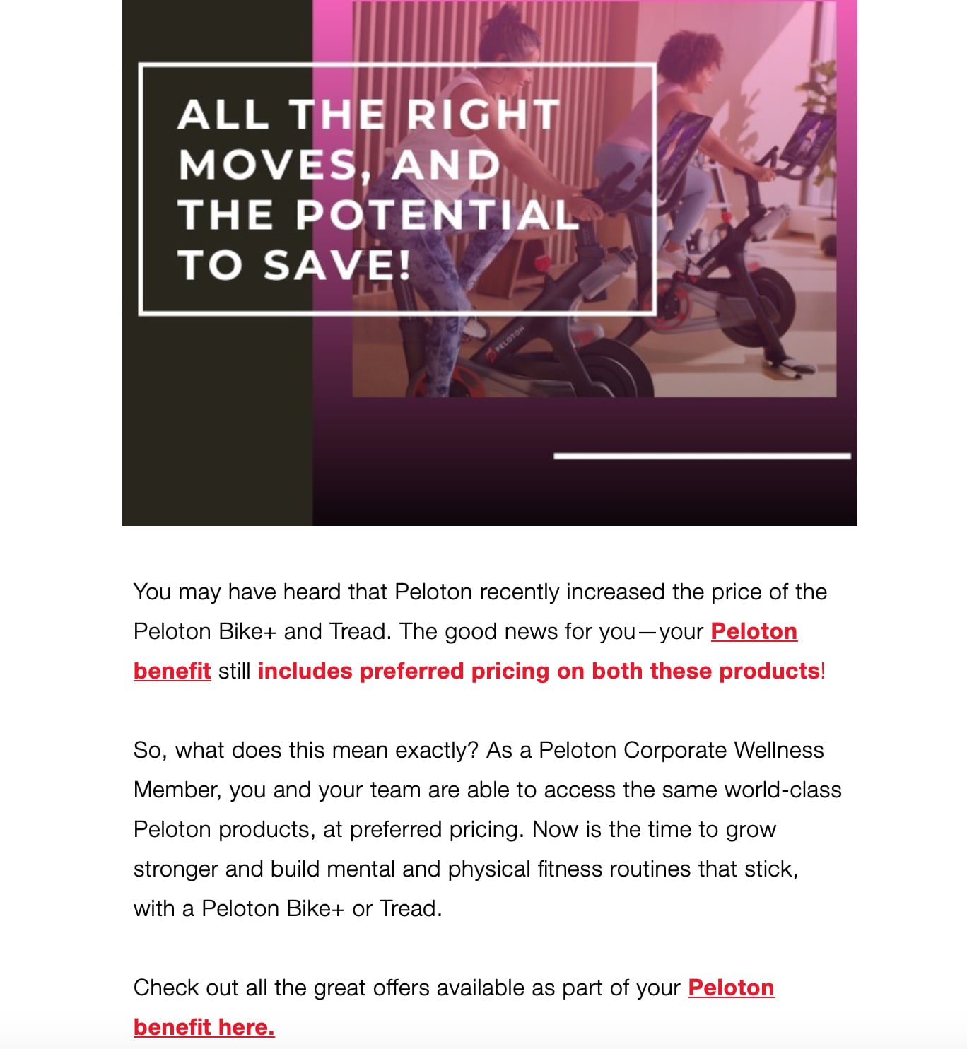 Peloton email to Corporate Wellness members.