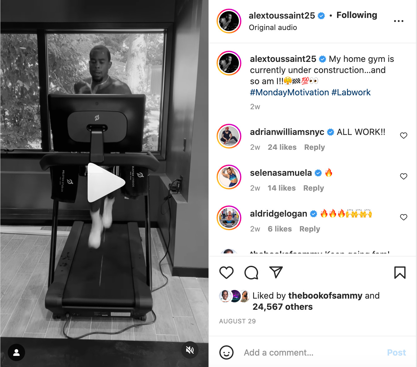 Alex Toussaint Instagram post showing himself on a Tread.