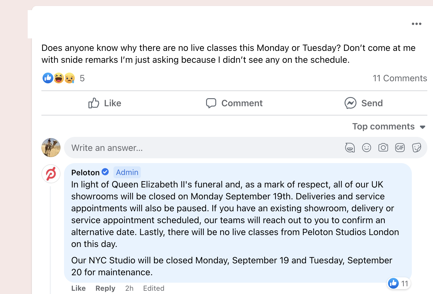 Peloton comment in Official Peloton Member Facebook Page.
