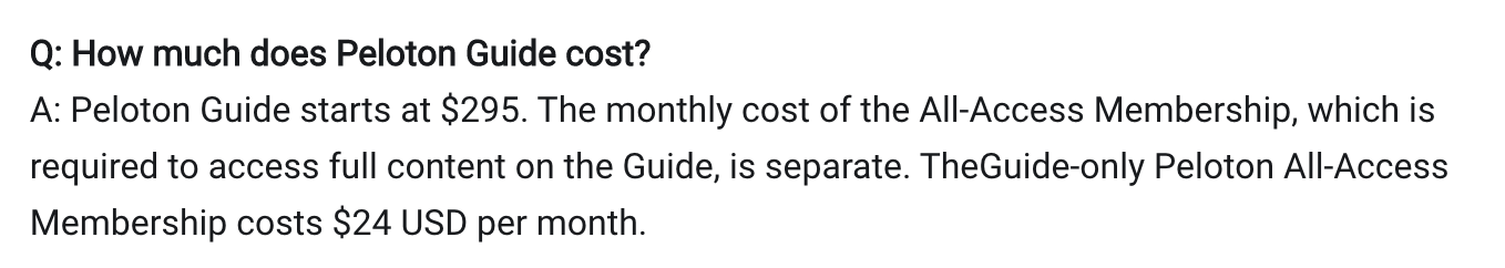 Peloton FAQ page with Guide membership pricing.