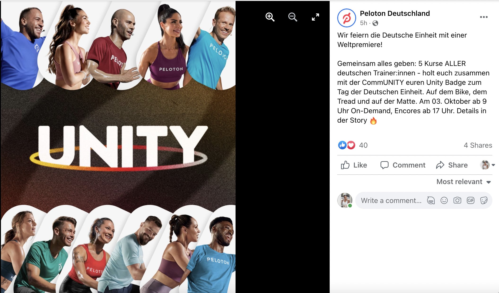 Peloton Unity Day announcement on Facebook.