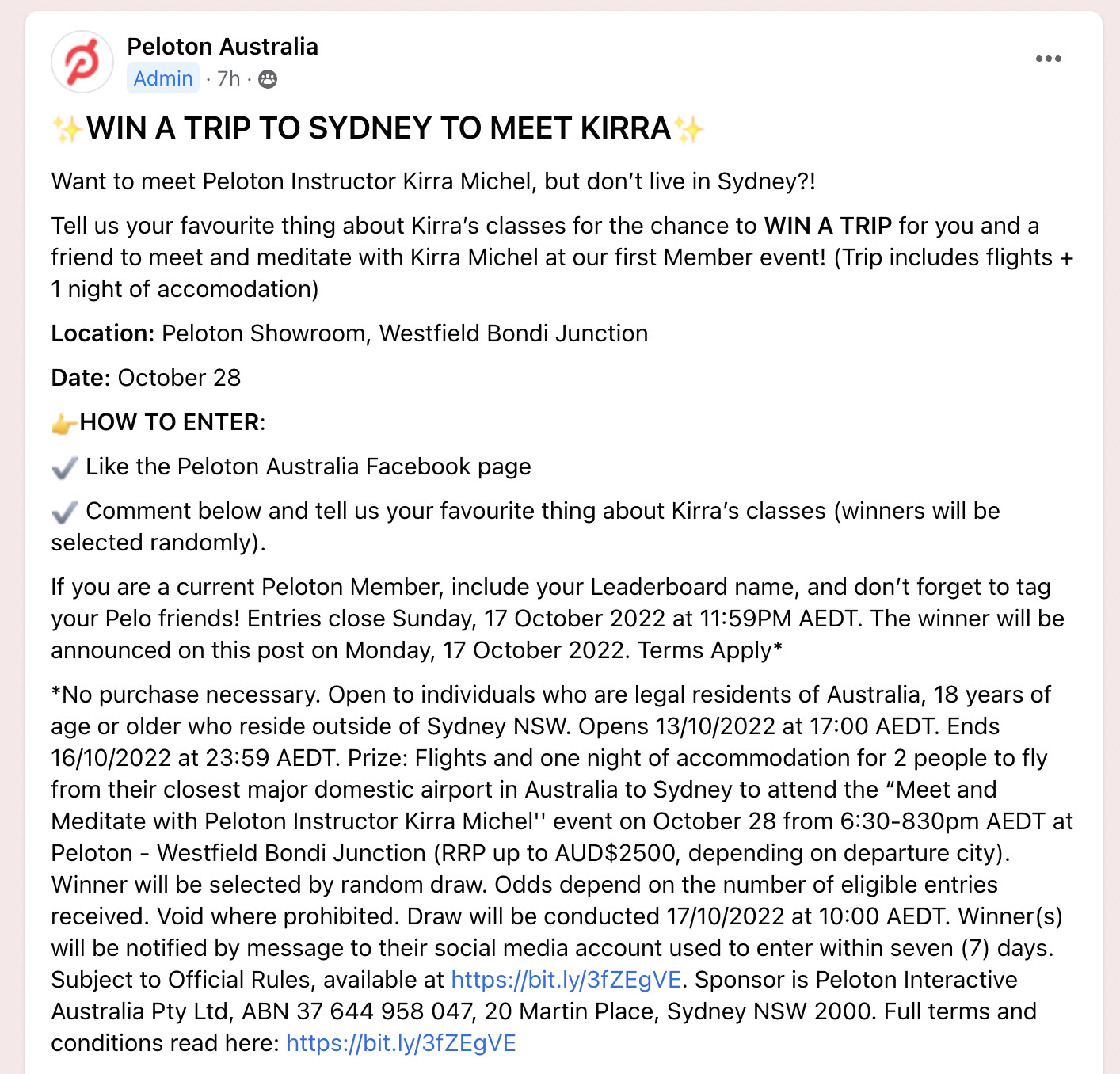 Peloton Meet & Greet trip contest post on Facebook.