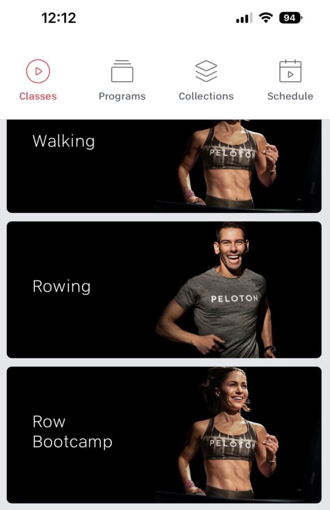 Peloton Rowing and Rowing Bootcamp classes as seen in the older version of the Peloton iOS app.