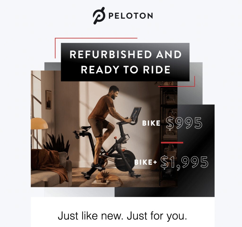 Email about refurbished Peloton Bikes & Bike+ in Oct 2022.
