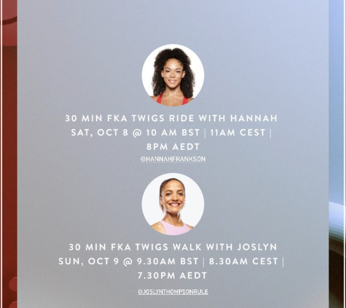 Peloton FKA Twigs class schedule. Image credit Peloton social media.