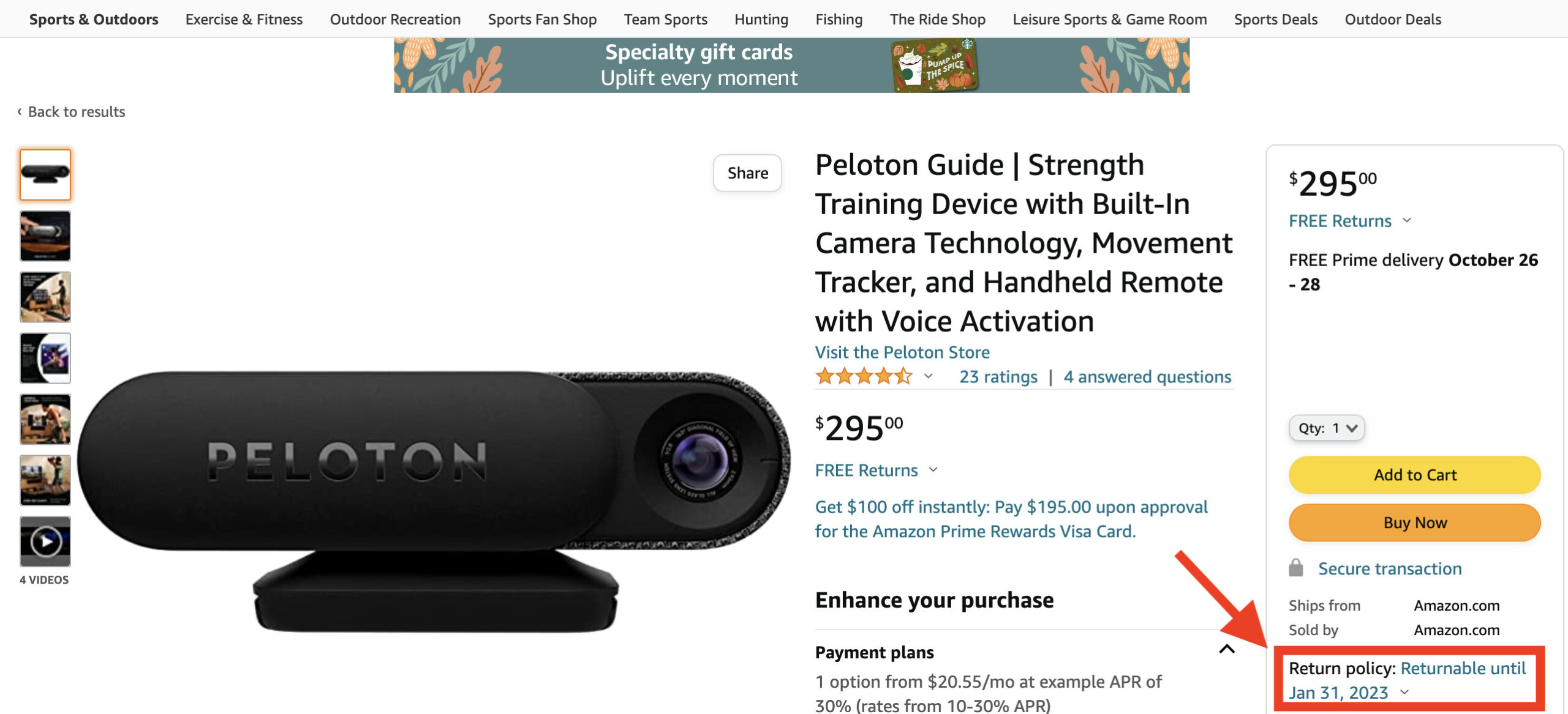 Peloton Guide on Amazon showing return through 1/31/23.