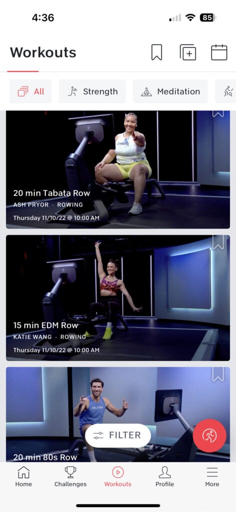 Rowing classes seen in the Peloton iOS app.