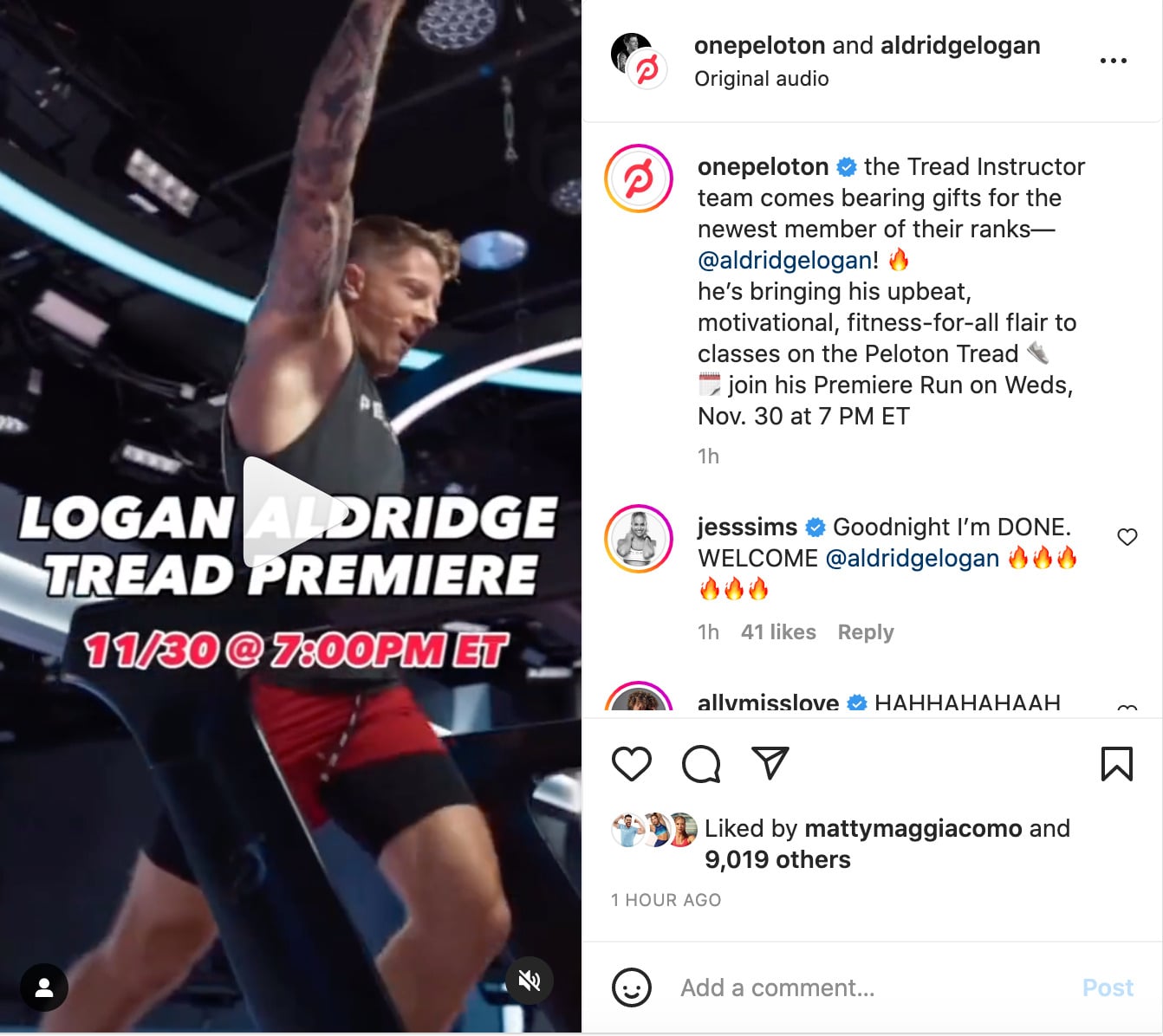 Peloton Instagram post announcing Logan as newest Tread instructor.