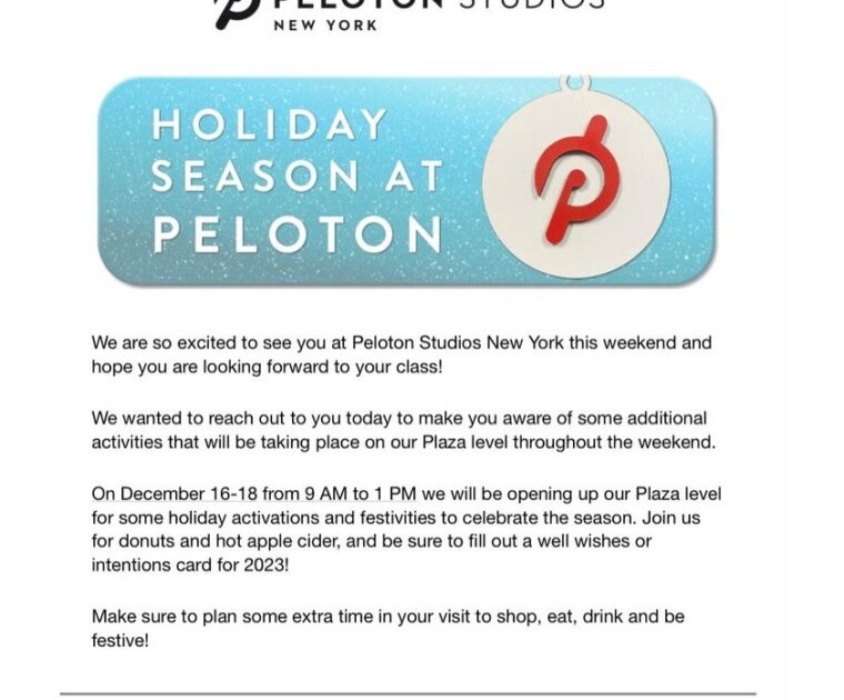 Peloton email to members booked for in-person classes at PSNY December 16-18.