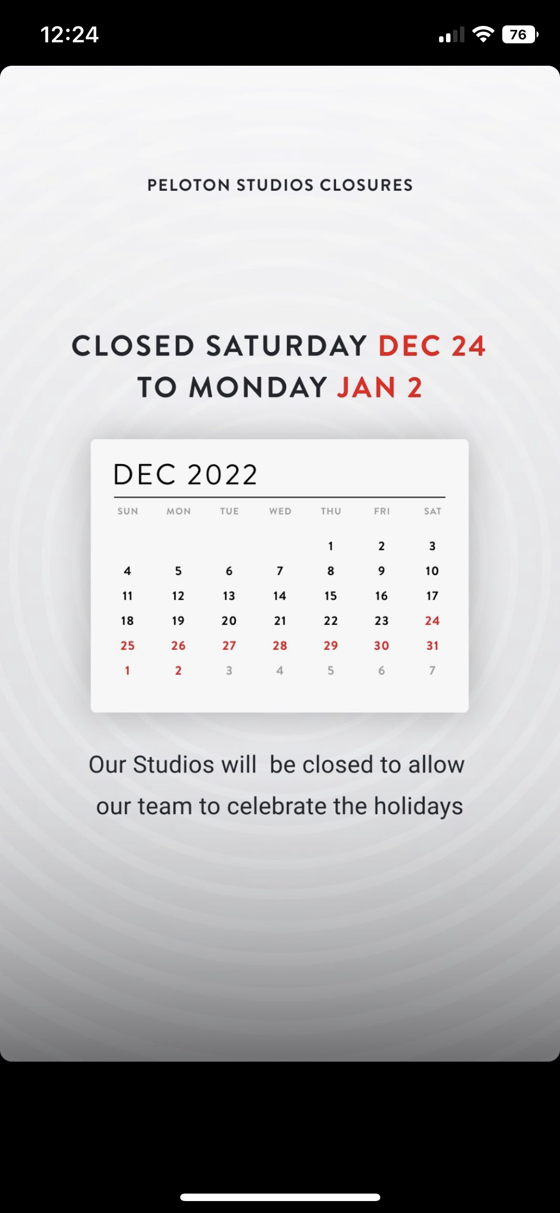 Peloton Instagram Story regarding studio closure.