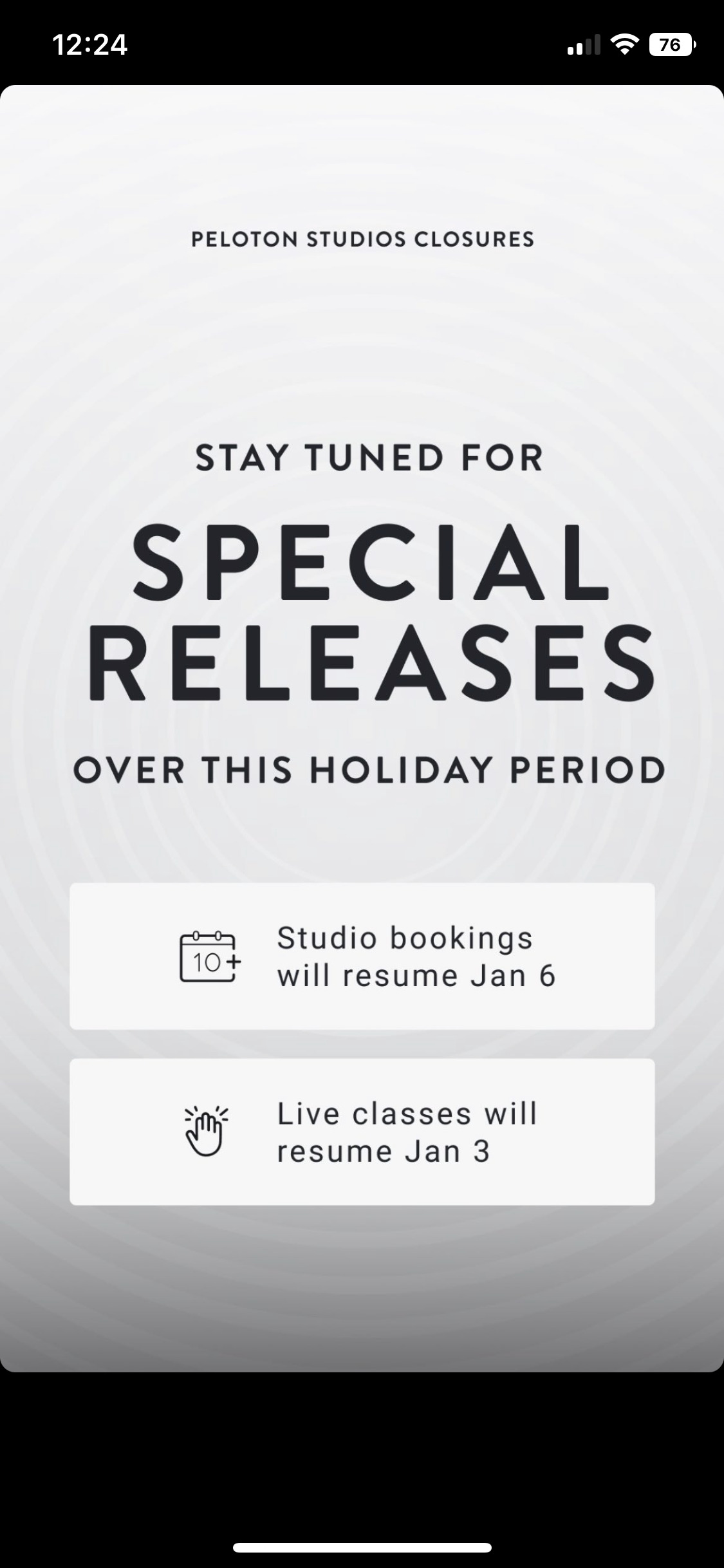Peloton Instagram Story regarding studio closure.