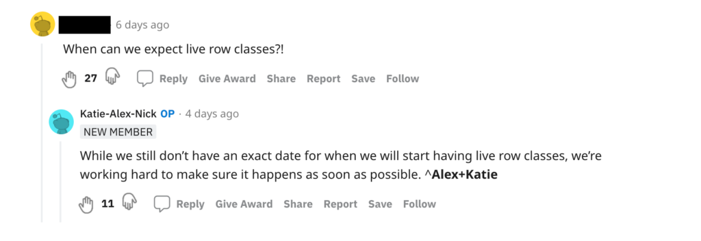 Peloton Reddit "Ask Me Anything" Thread about live Peloton rowing classes.