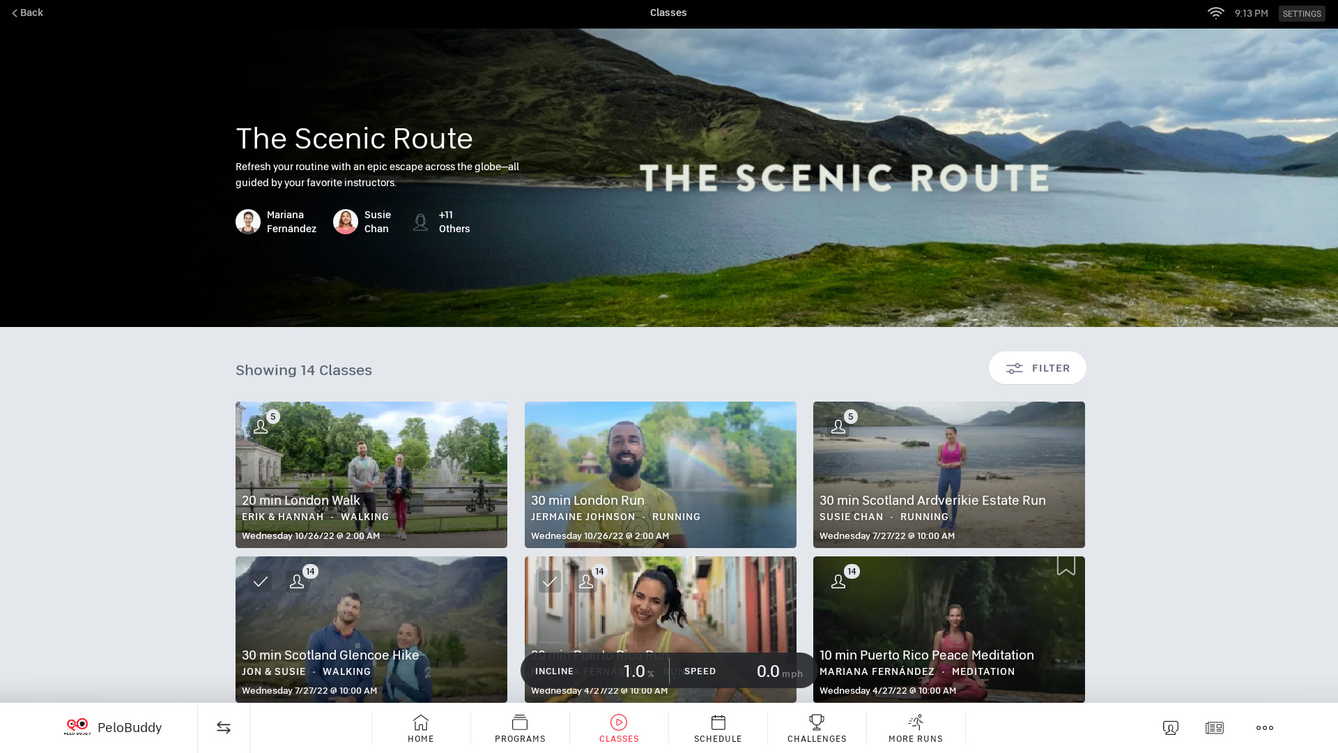 Scenic Route Collection with filter button on Peloton Tread.