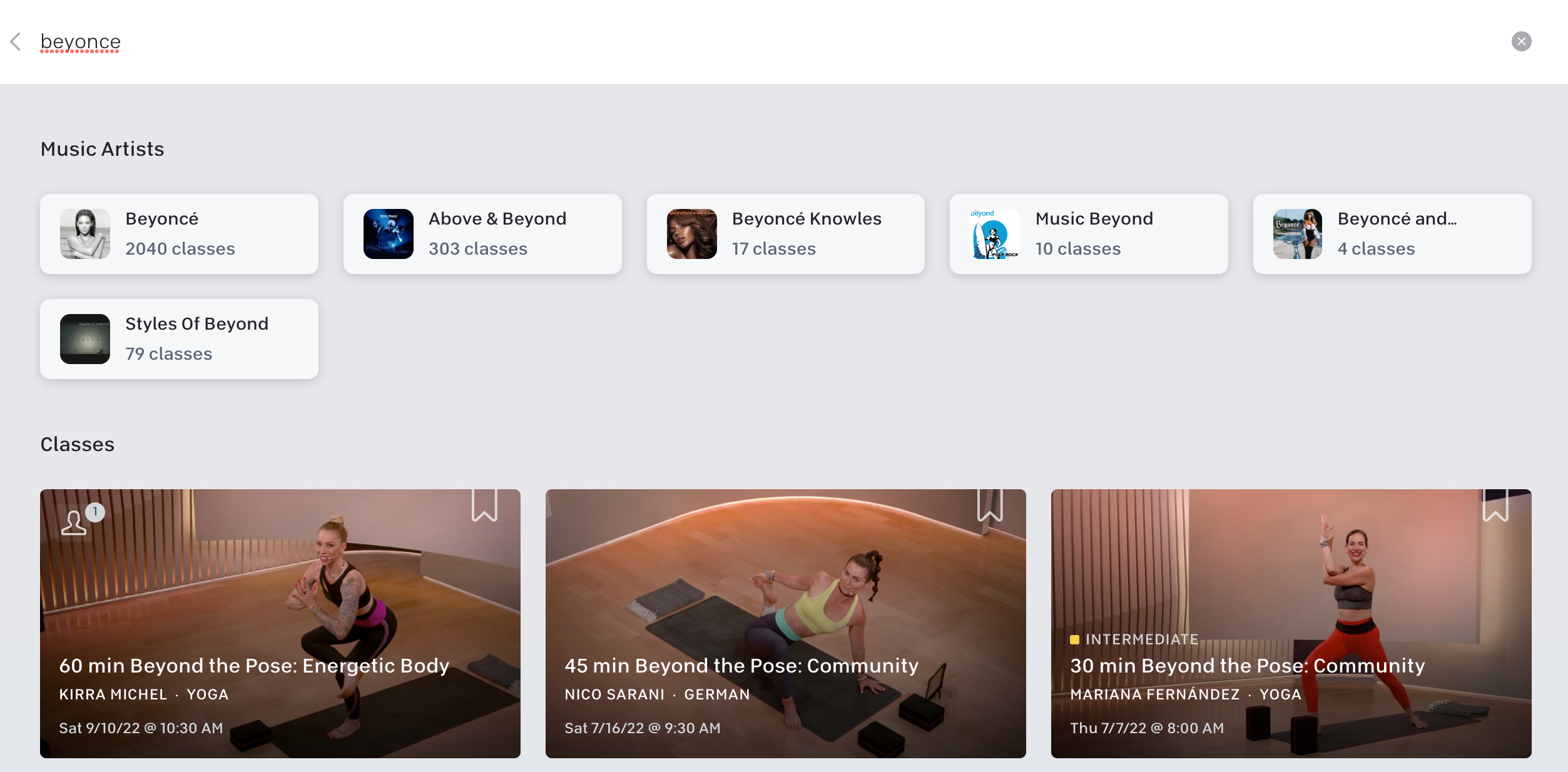 Beyoncé artist search result showing her name in the "Music Artists" section.