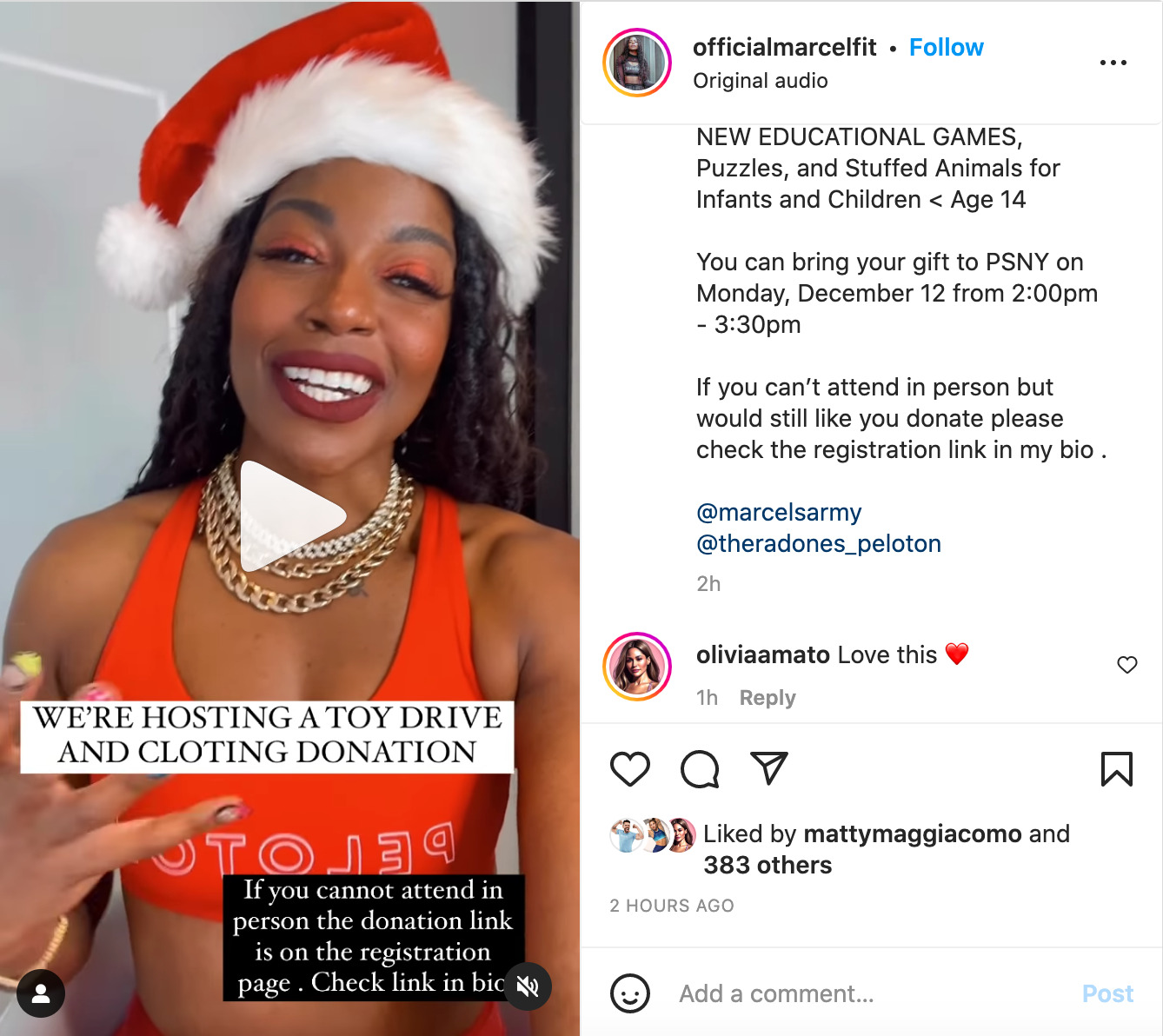 Marcel Dinkins' Instagram post about upcoming toy drive.