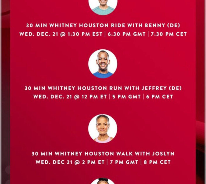 Peloton Whitney Houston artist series schedule. Image credit Peloton social media.