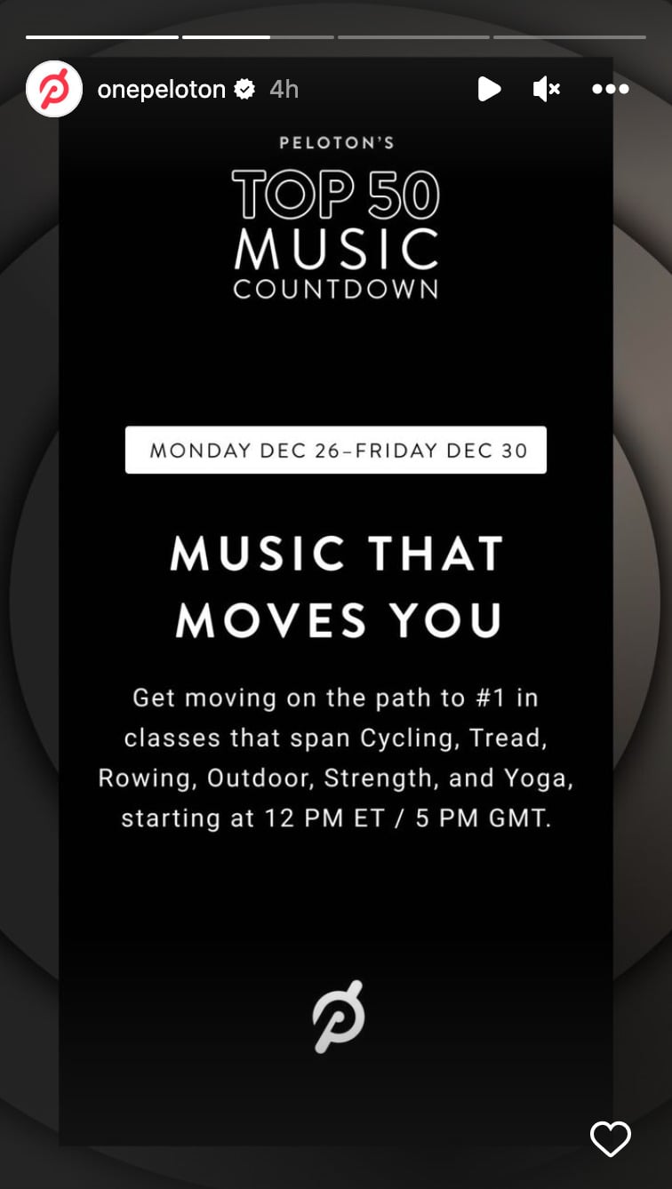 Peloton Instagram Stories about 2022 Top 50 Countdown classes.