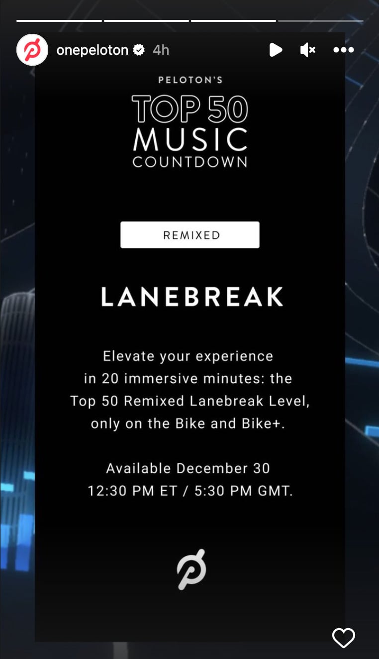 Peloton Instagram Stories about 2022 Top 50 Countdown classes.