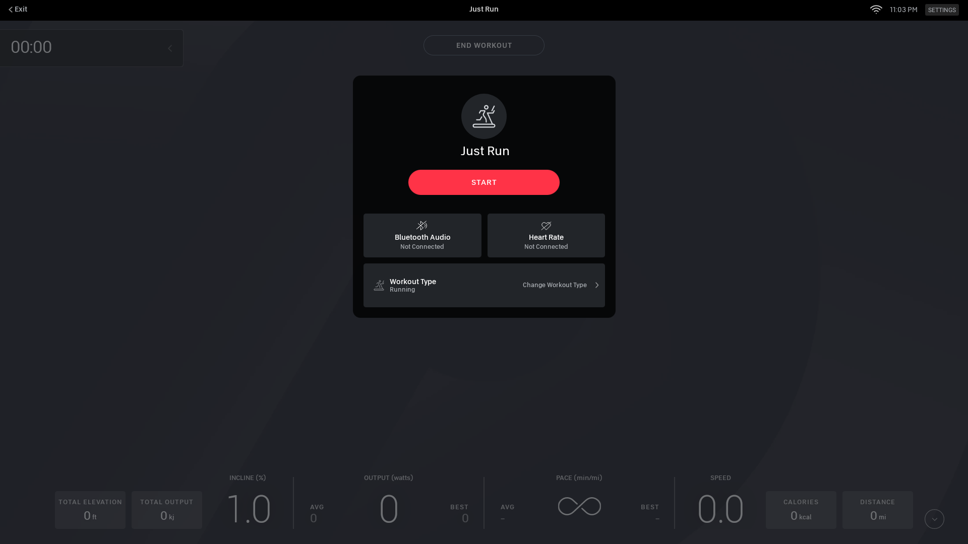 "Just Run" on Peloton Tread with new "workout type" button.