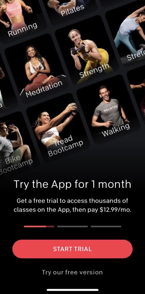 App sign-up page with "try our free version" button.