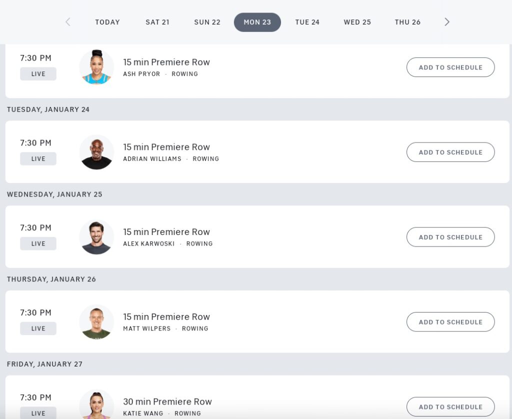 Peloton live rowing class schedule for the first week.