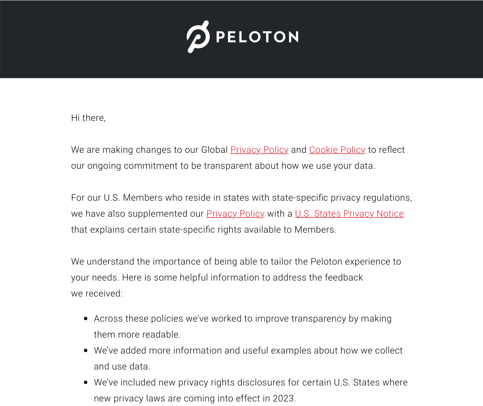 Peloton email to members regarding updated privacy policy.