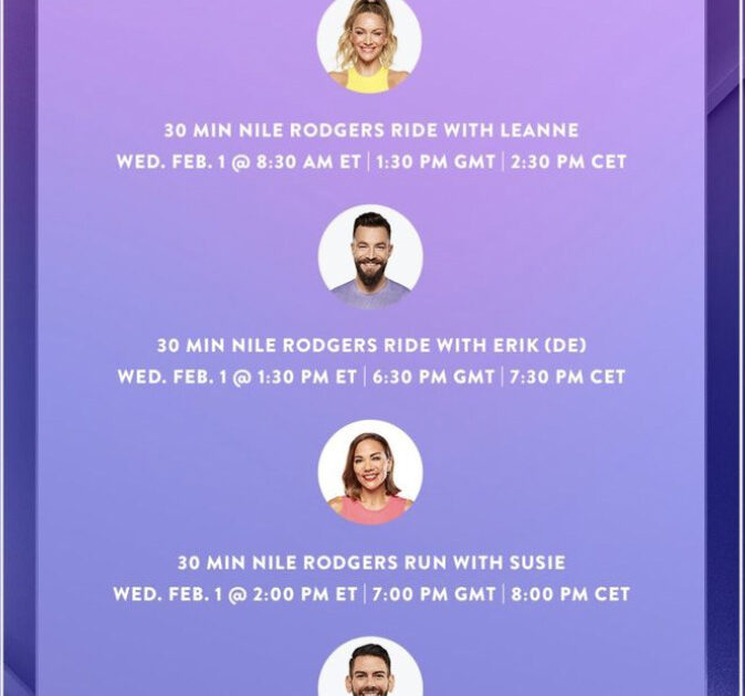 Peloton Niles Rodgers artist series class schedule. Image credit Peloton social media.