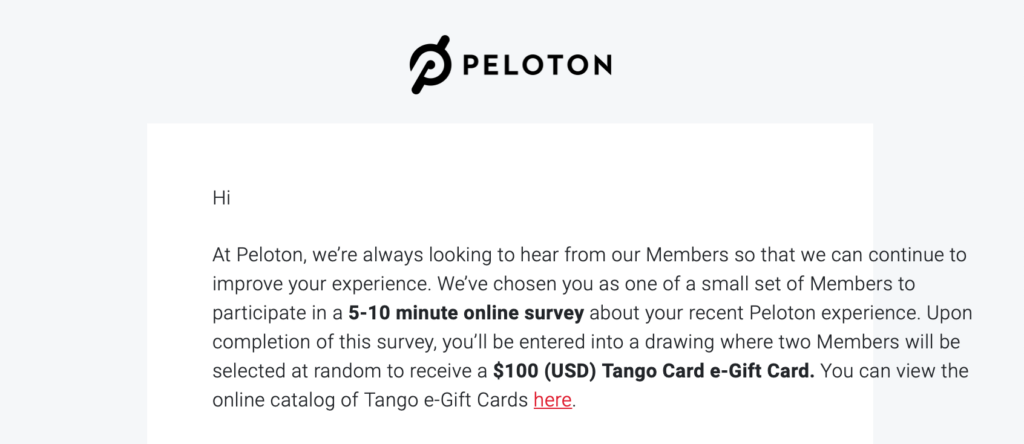 Peloton Just Work Out survey email invitation.