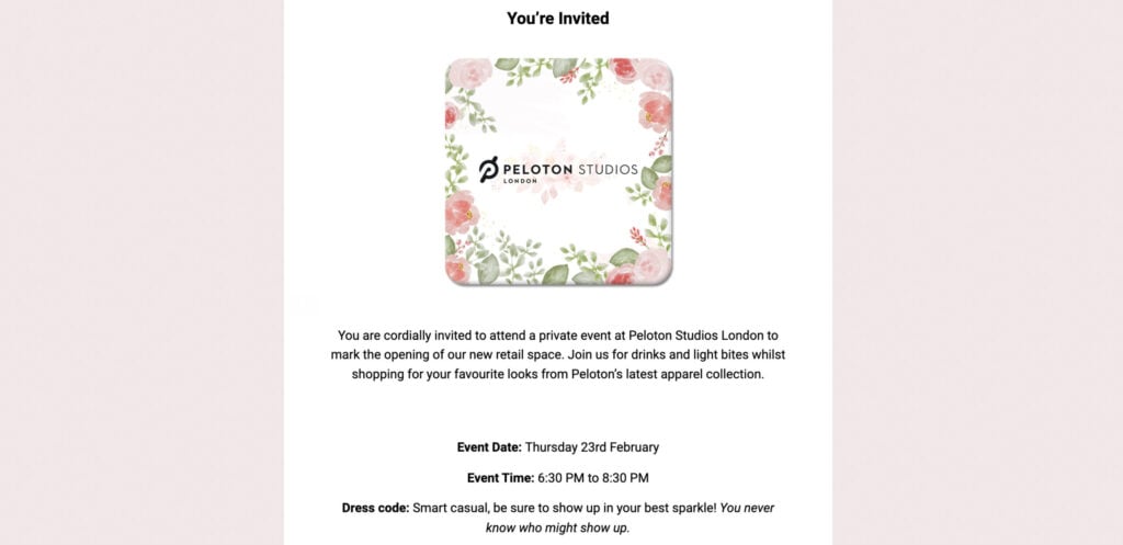Email invitation for event at Peloton Studios London.