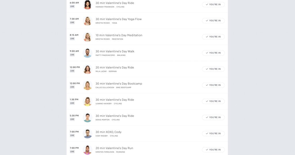 Peloton 2023 Valentine's Day Class Schedule