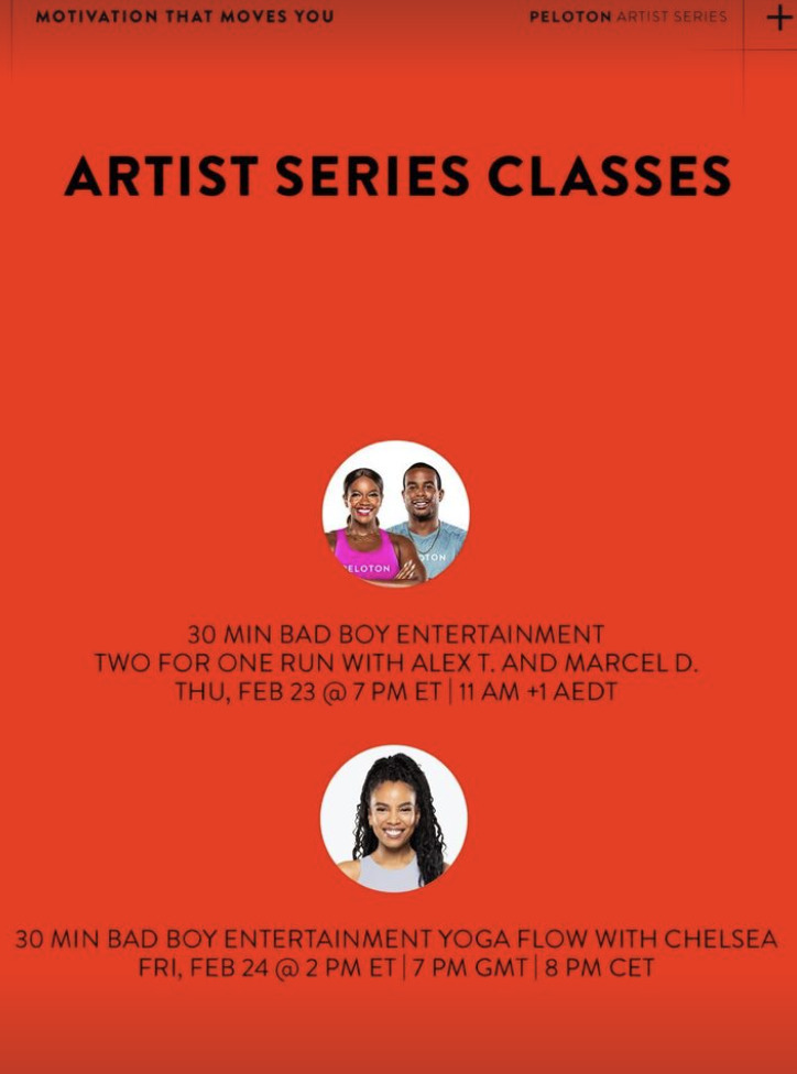 Peloton Bad Boy Entertainment Vol. 2 Artist Series schedule. Image credit Peloton social media.