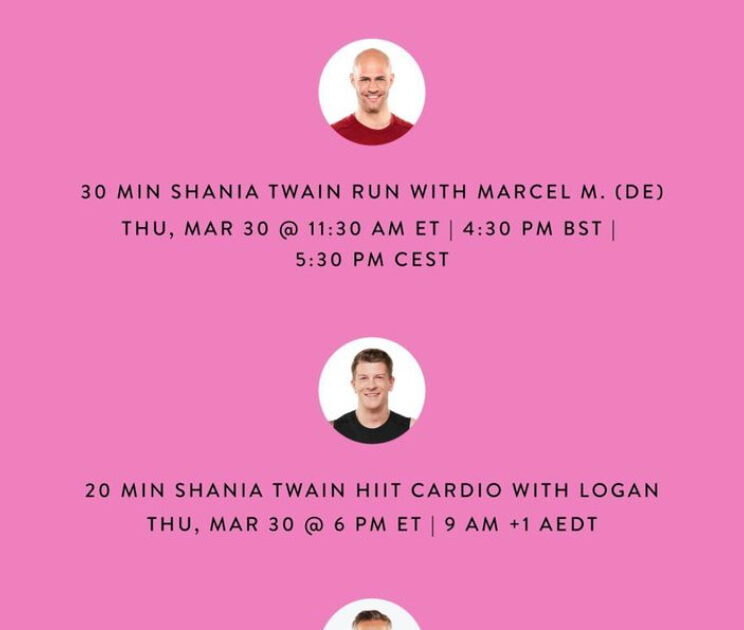 Peloton Shania Twain class list. Image credit Peloton social media.