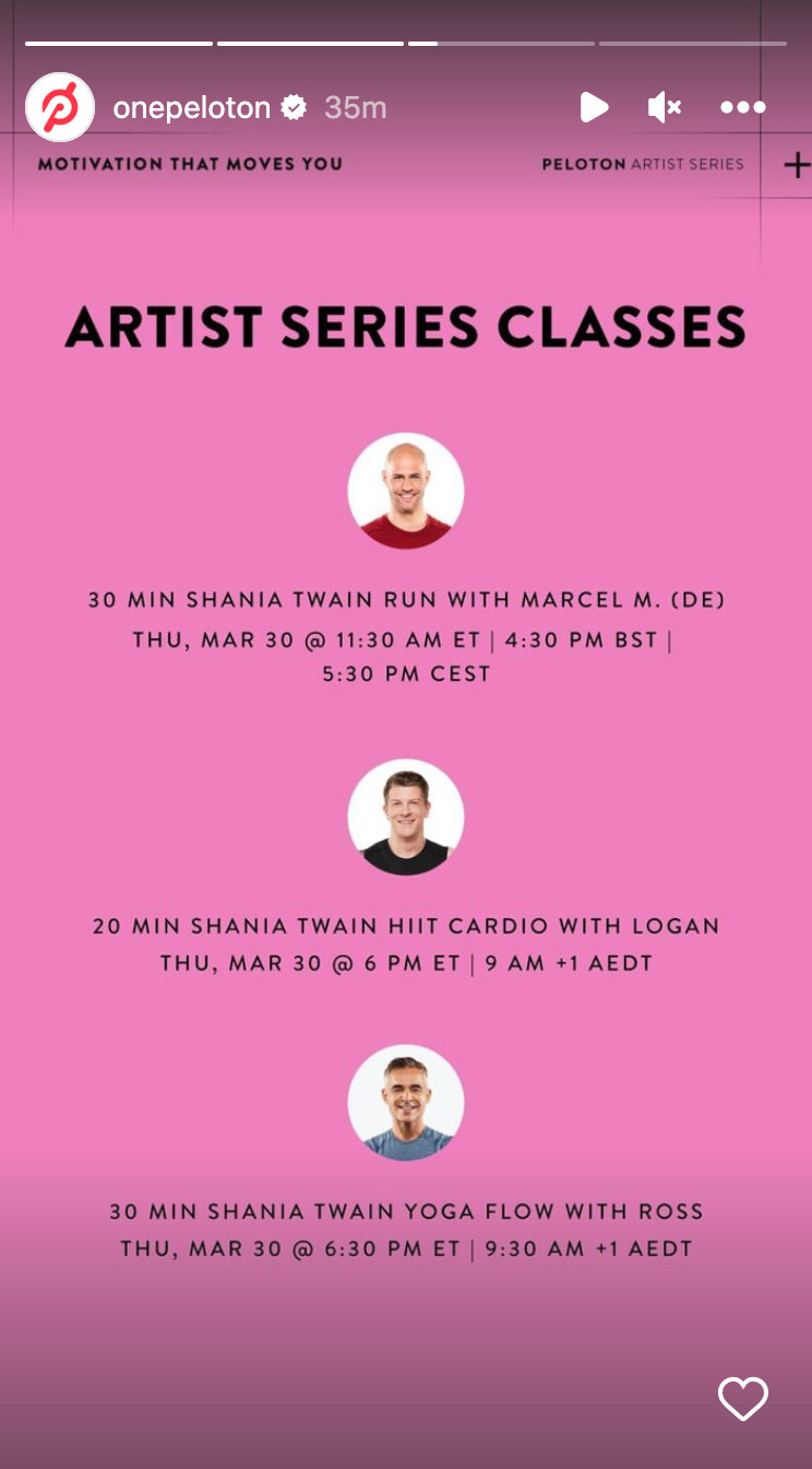 Peloton Shania Twain class list. Image credit Peloton social media.