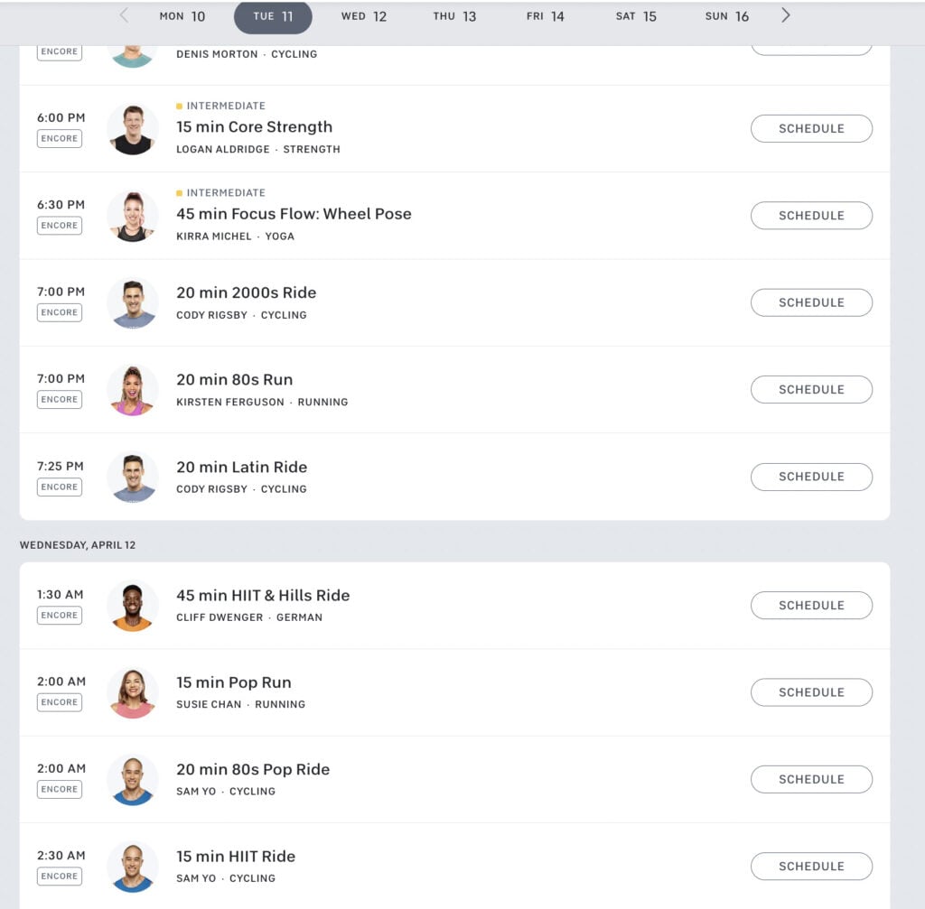 Screenshot of Peloton schedule showing the closure and no live classes April 11-12.