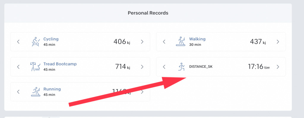 Distance-based PRs displayed on profile page on Peloton web browser - 5K PR shown here.