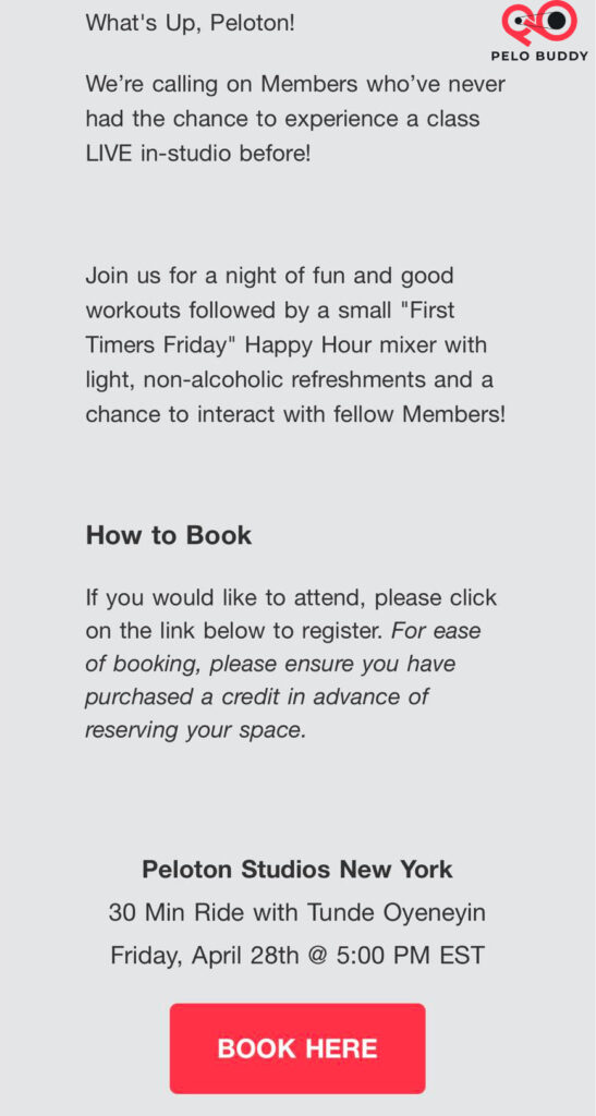 "First Timers Friday" email to select members.