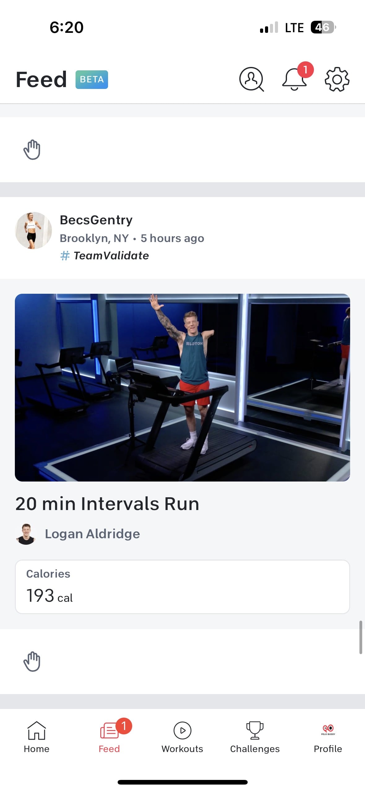 Bell icon with notification on Peloton app.