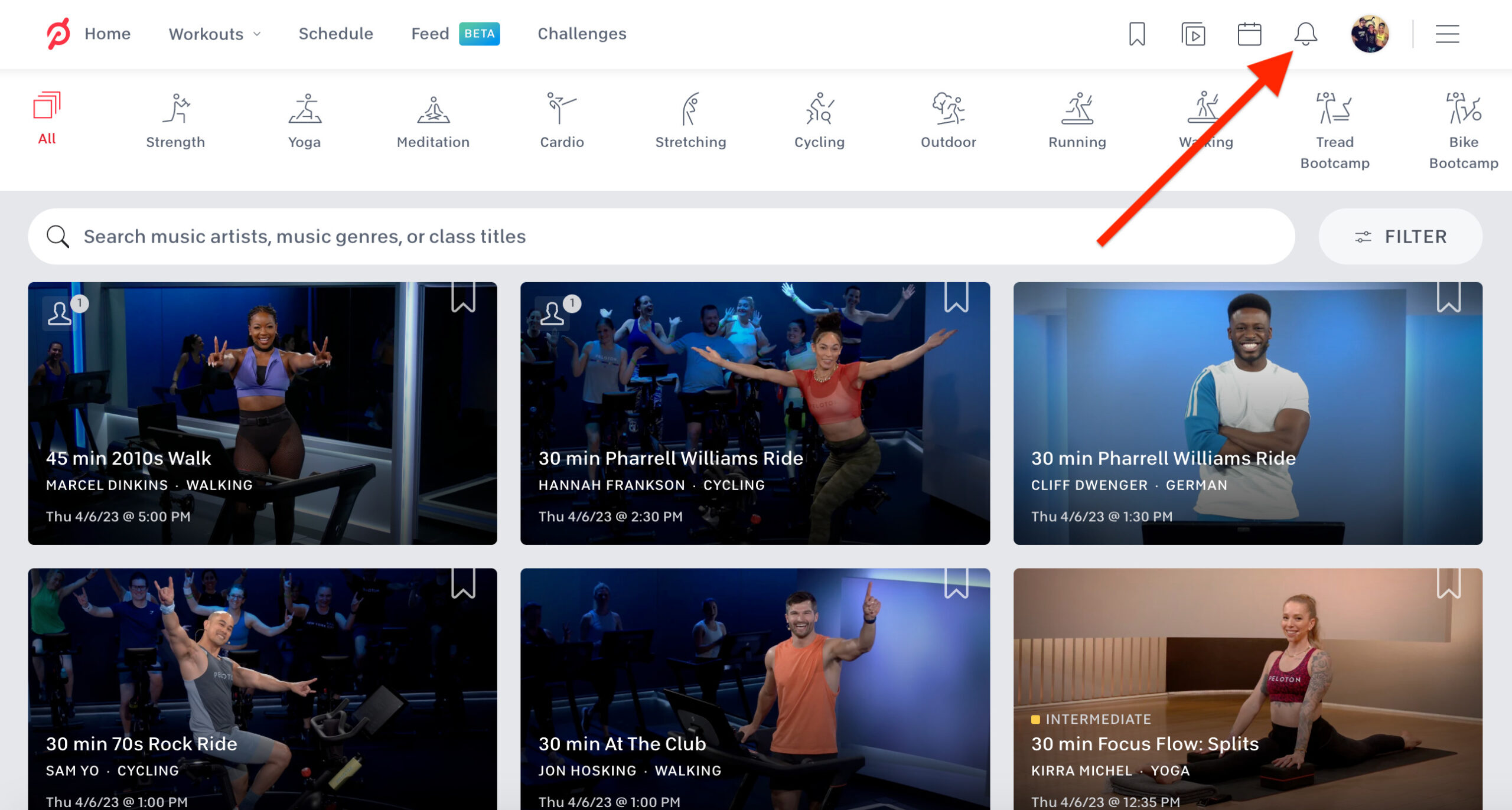 Bell icon on Peloton web browser.