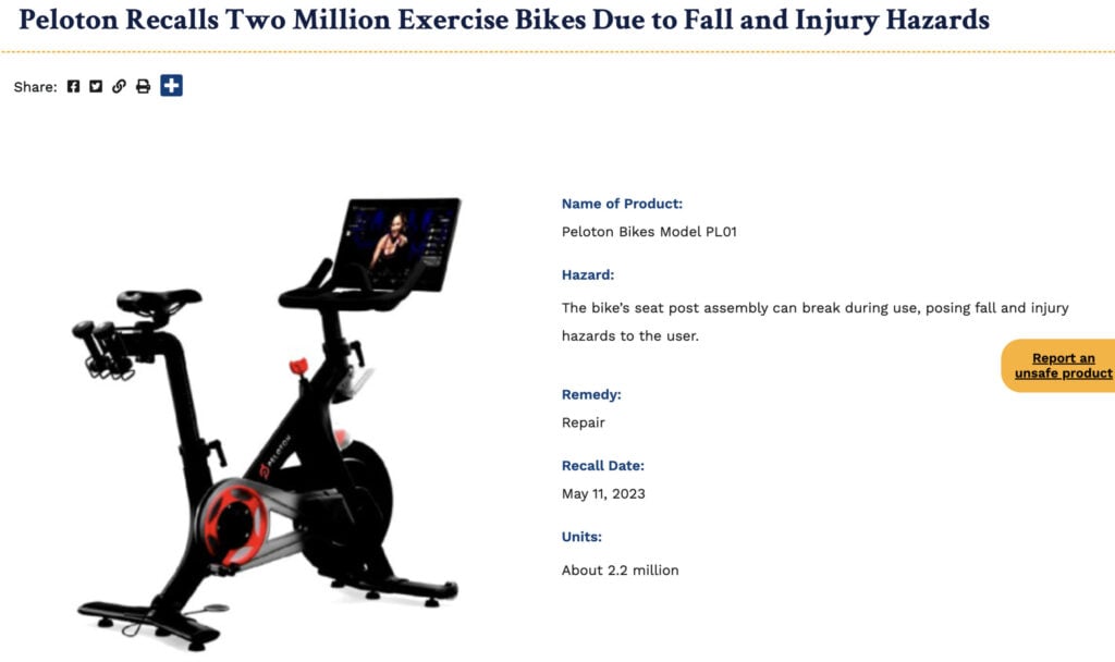 Recall notice issued by CPSC for original Peloton Bike.