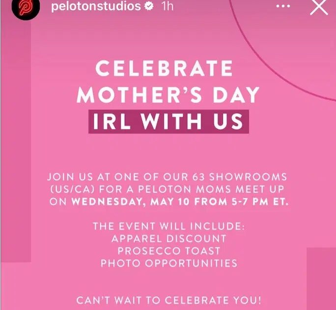 @PelotonStudios Instagram story sharing Mother's Day meet up details.
