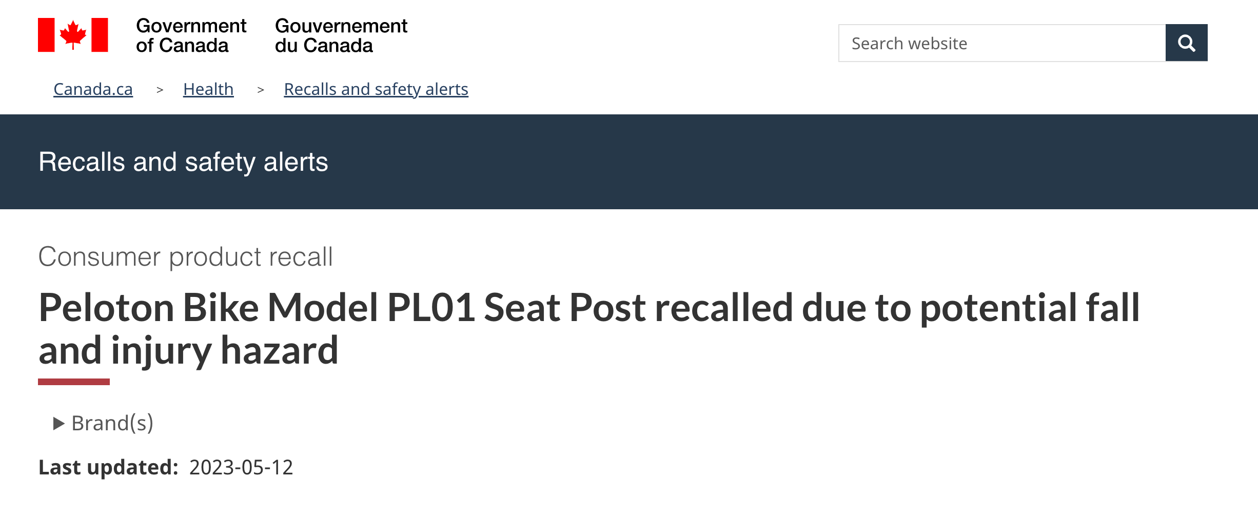 Peloton Bike recall announcement from Health Canada.