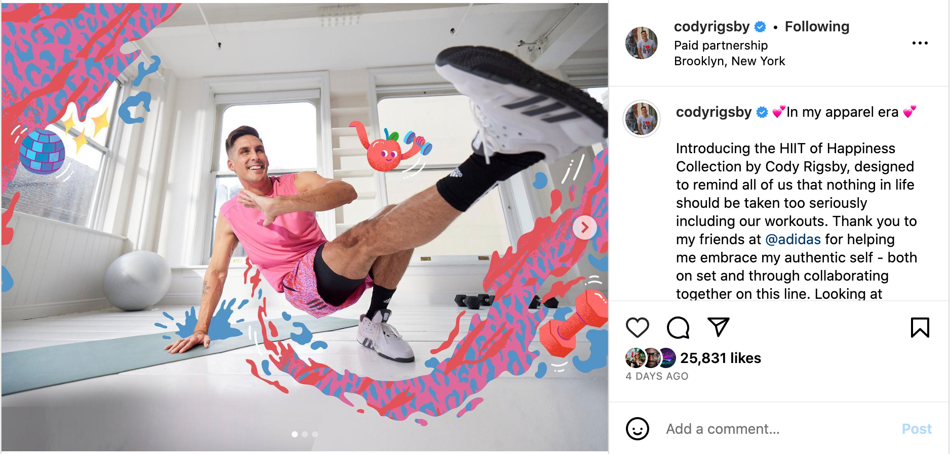 Cody's Instagram post announcing apparel collaboration with Adidas.