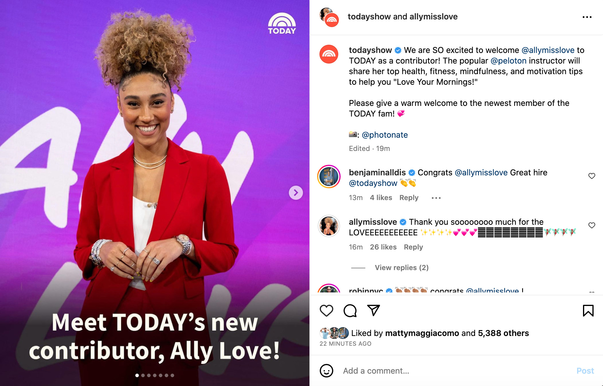 Ally Love and Today Show Instagram post announcing Ally as a contributor.