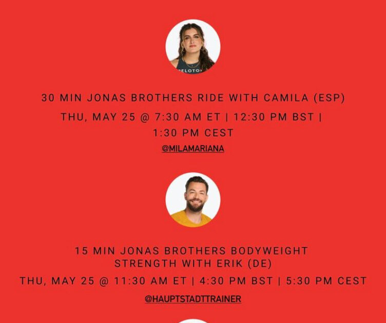 Peloton Jonas Brothers class list. Image credit Peloton social media.