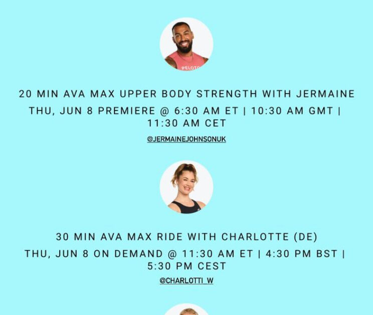 Peloton Ava Max artist series schedule. Image credit Peloton social media.